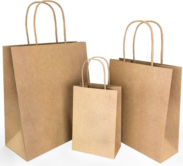 Multi‑size plain brown kraft paper shopping carry bags with twisted‑paper rope handles, three assorted dimensions for versatile usage.